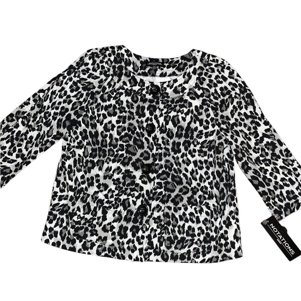 Notations NWT XS Petite Leopard Animal Print Jacket Black Gray 3/4 Sleeve Button